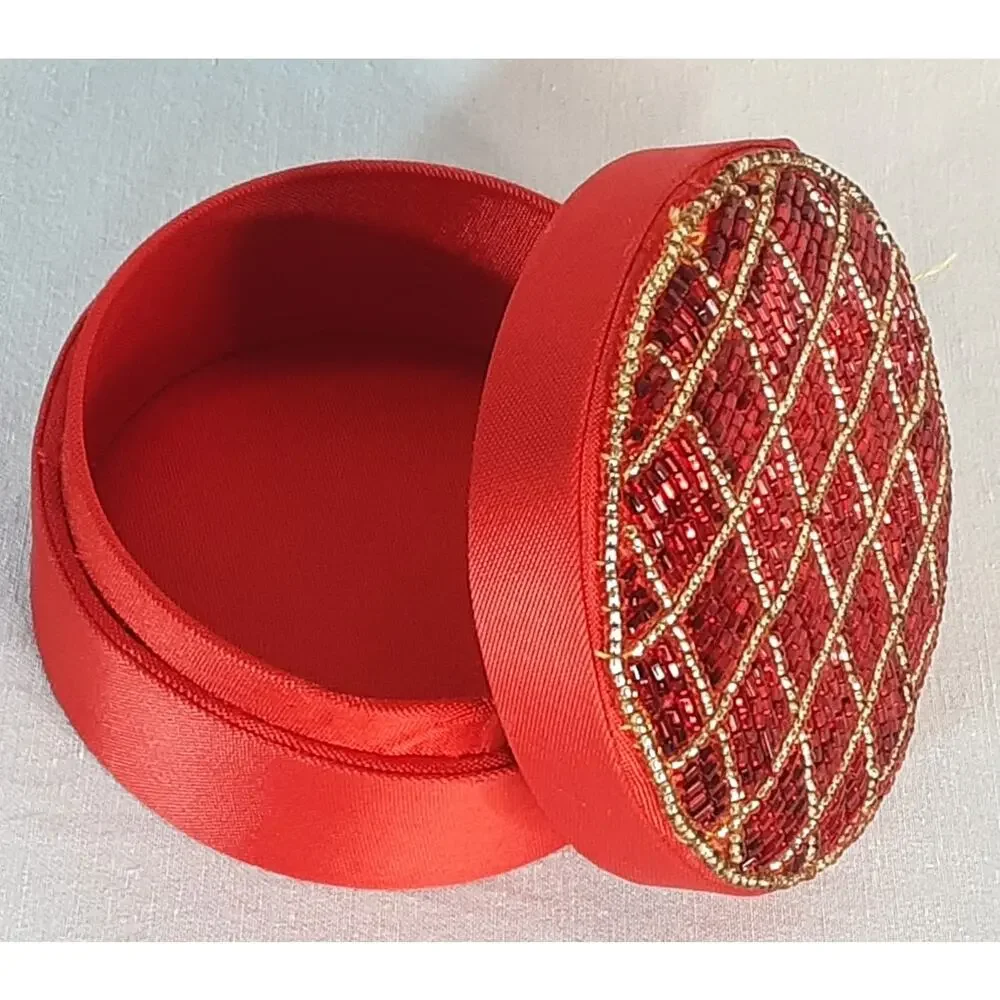 💎Decorative Gift Trinket Box Red Silk Lined Beaded Cover